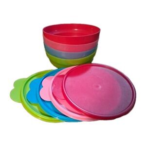 Tupperware 6" Cereal Bowls Set of 4 w/Lids Multicolor Pink Green Blue Pink READ